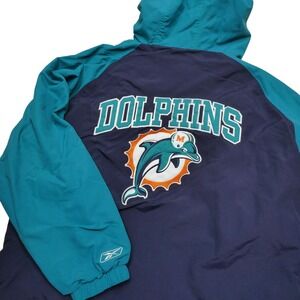 Miami Dolphins Jacket Mens XL Blue Teal NFL Football Reebok Hooded Fleece Zip